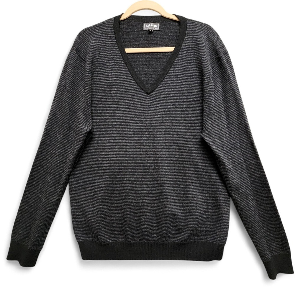 EXPRESS Sweater Mens XL (Fits as Large) Black Gray Modern Fit Merino Wool‎